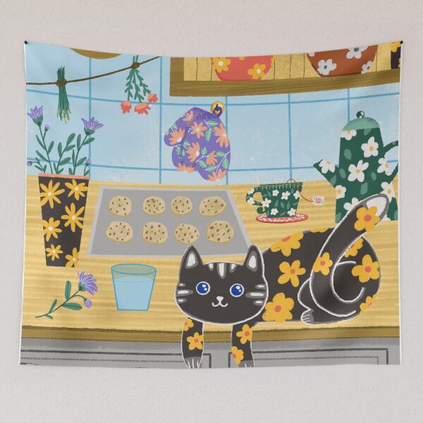 Item preview, Floral black cat on the kitchen counter with freshly cooked chocolate cookies designed and sold by pinkyfish1010.