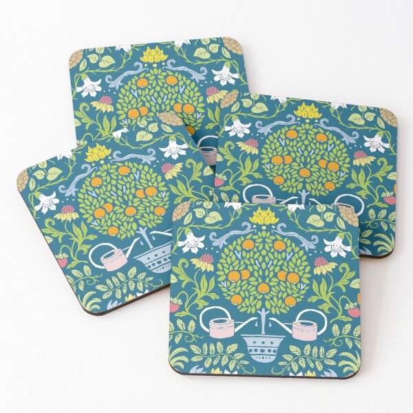 Item preview, colorful orange tree and palm garden damask on blue | repeat pattern designed and sold by colorofmagic.