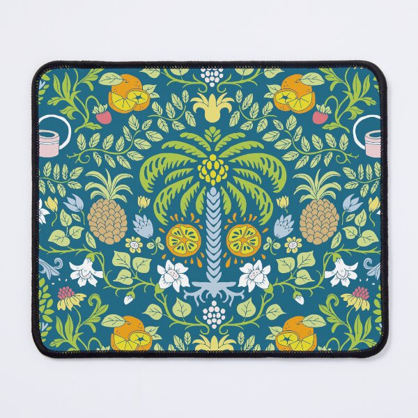 Artikelvorschau, farbenfroher Orangenbaum und Palmengarten-Damast auf blauem Rapportmuster entworfen und verkauft von colorofmagic.