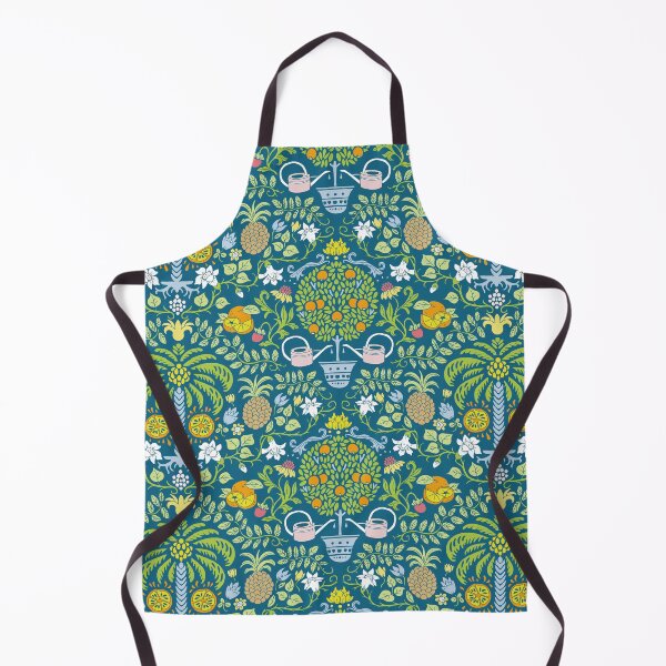 Item preview, colorful orange tree and palm garden damask on blue | repeat pattern designed and sold by colorofmagic.
