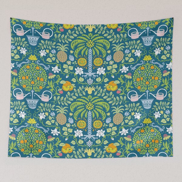 Item preview, colorful orange tree and palm garden damask on blue | repeat pattern designed and sold by colorofmagic.