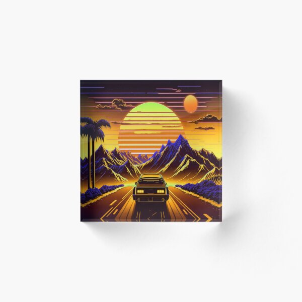 Artikelvorschau, Retrowave Sunset Drive Gelb - Vintages Synthwave-Autodesign entworfen und verkauft von CybRunner.