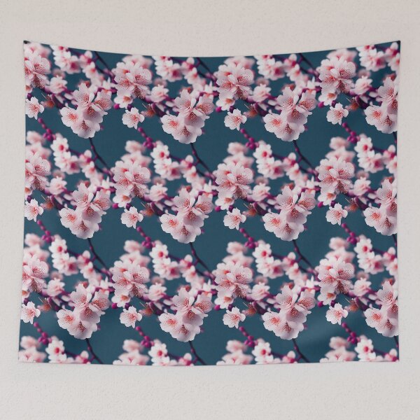 Item preview, Photorealistic Cherry Blossoms with a Teal Blue Background Sakura Cherry Blossom Seamless Digital Pattern designed and sold by aphelionrhode.