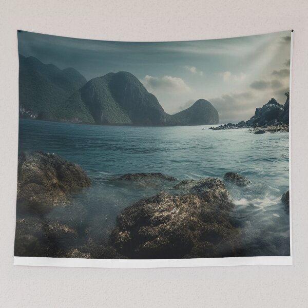 Item preview, Tranquil Beauty: Pacific Ocean and Asian Mountains Seascape Art designed and sold by PrettiGreene.