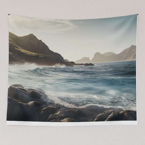 Item preview, Serene Seascape: Pacific Ocean and Asian Mountains Landscape Print designed and sold by PrettiGreene.