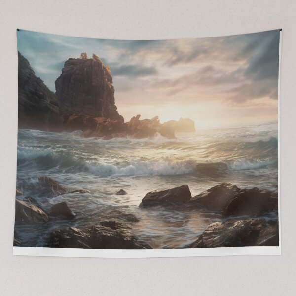 Aperçu de l'œuvre Mer agitée au coucher du soleil : Art du paysage marin de l'océan Pacifique pour la décoration intérieure côtière créée et vendue par PrettiGreene.