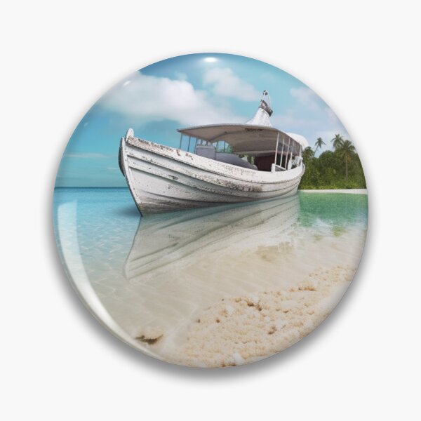 Aperçu de l'œuvre Island Paradise Escape: une belle œuvre d'art de la mer bleue, du sable doré et d'un vieux bateau de pêche créée et vendue par PrettiGreene.