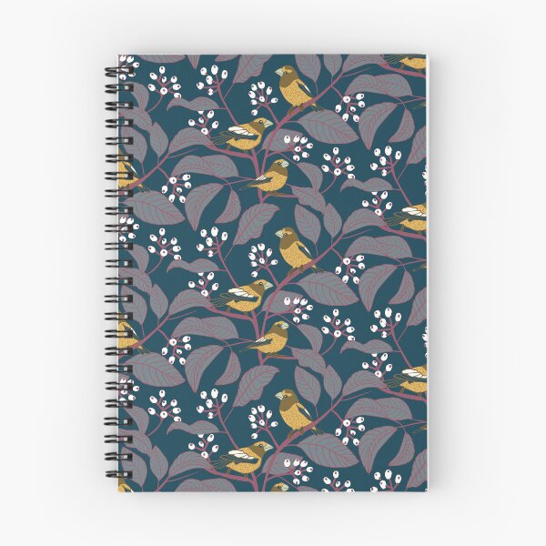 Item preview, Evening Grosbeak birds and berries pattern prussian blue background designed and sold by MBCollections.