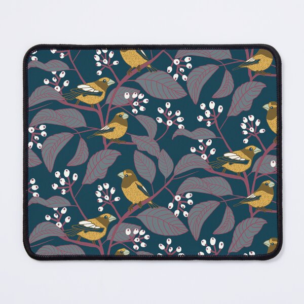Item preview, Evening Grosbeak birds and berries pattern prussian blue background designed and sold by MBCollections.