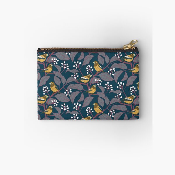 Item preview, Evening Grosbeak birds and berries pattern prussian blue background designed and sold by MBCollections.