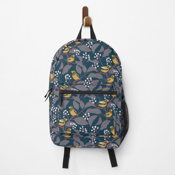 Item preview, Evening Grosbeak birds and berries pattern prussian blue background designed and sold by MBCollections.