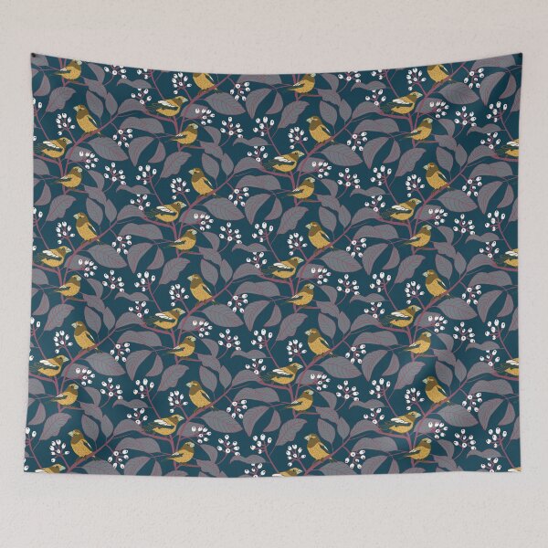 Item preview, Evening Grosbeak birds and berries pattern prussian blue background designed and sold by MBCollections.