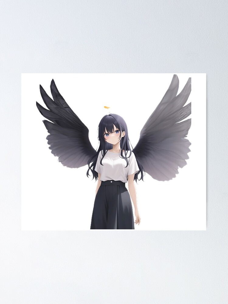 Anime girl with long dark blue hair and purple eyes and 2 black wings  wearing all black