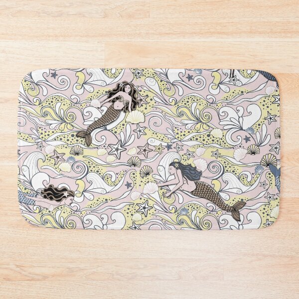 Item preview, Mermaids swimming in a pink sea with sandy shells and starfish designed and sold by MagentaRose.