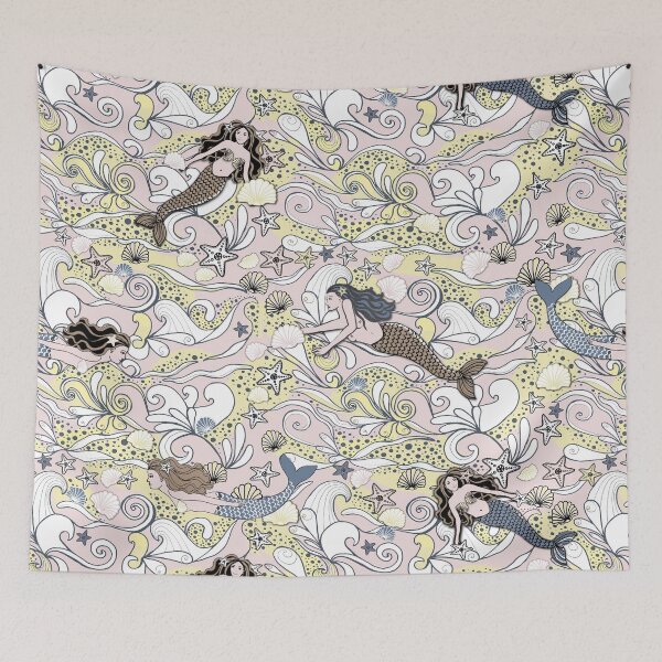 Item preview, Mermaids swimming in a pink sea with sandy shells and starfish designed and sold by MagentaRose.