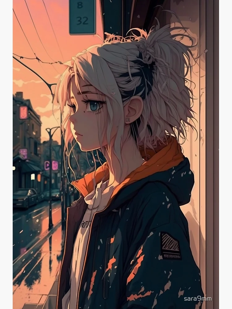 Anime girl profile interesting pose like peace sign or tongue out multiple  color eyes wavy blonde medium hair has earrings grunge aesthetic
