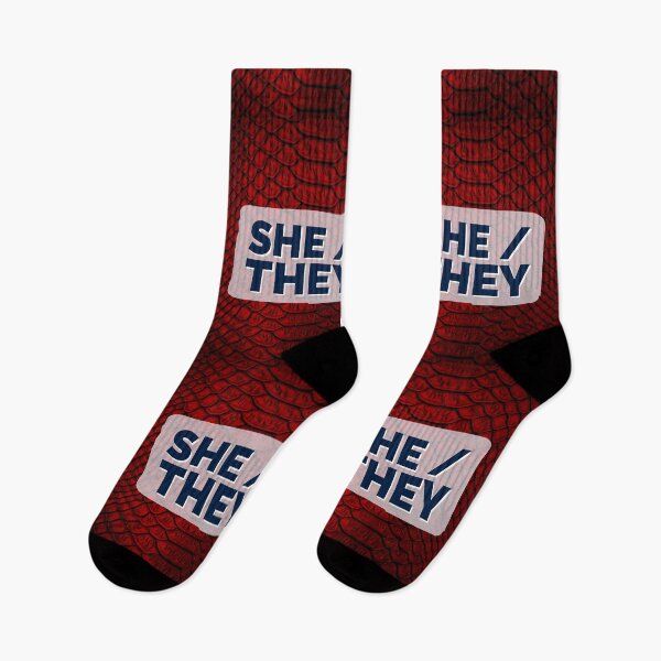 Item preview, She/They pronouns over red scales designed and sold by MxA19.
