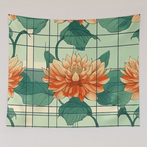 Item preview, Dahlia Delight in Green and Orange Grid designed and sold by TopArtsy.