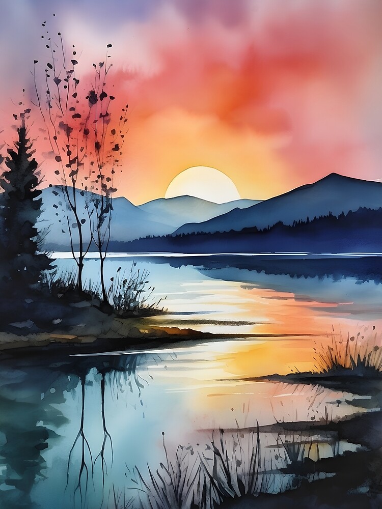 Mountains Reflections Sunset Painting, Lake Canvas Paintings, Tree Branches  Autumn Leaves, Mountain Landscape Blue Background 27.6 by 27.6 