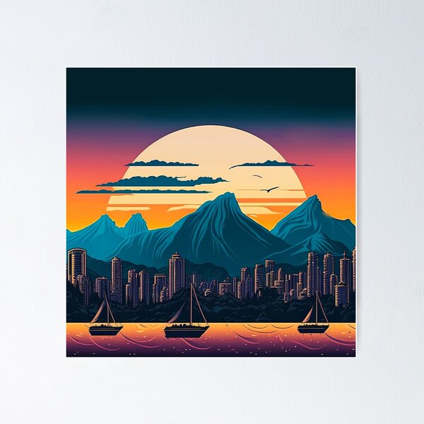 Retro Vancouver BC Canada Skyline Sunset Horizon Poster