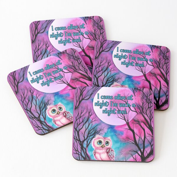 Item preview, I Come Alive at Night; I'm Such a Night Owl: Cute Little Blue Eyed Pink Owl Under a Beautiful Pink Moon designed and sold by JoyOfHopeStore.