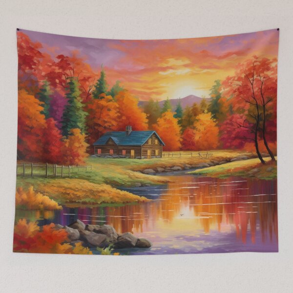 Item preview, Beautiful Autumn Sunset Over a Cabin in the Woods designed and sold by Ts-prints95.