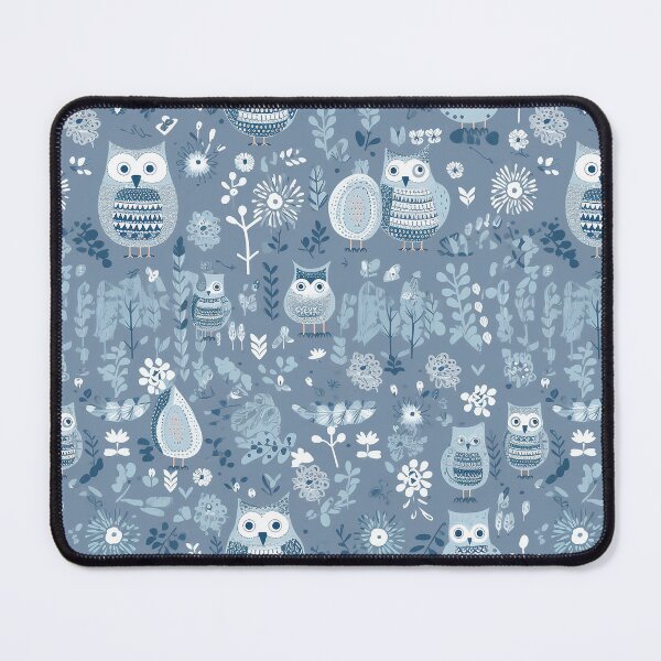Item preview, cute little blue gray owl in forest pattern designed and sold by AstraNovaStudio.