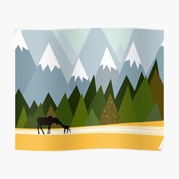 Woodland snowy mountain tops trees and mother moose and baby Poster