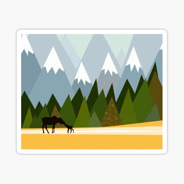 Woodland snowy mountain tops trees and mother moose and baby Sticker