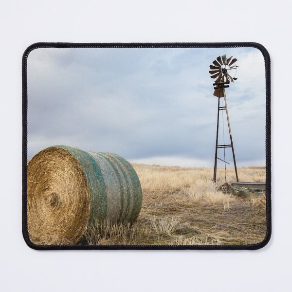 Item preview, Prairie Life - Old Windmill and Round Hay Bale on Autumn Day in Oklahoma Graphic  designed and sold by hahakilka55.