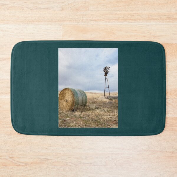 Item preview, Prairie Life - Old Windmill and Round Hay Bale on Autumn Day in Oklahoma Graphic  designed and sold by hahakilka55.