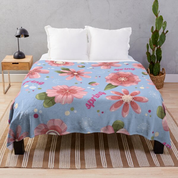Item preview, Pink flower pattern on blue sky background, botanical floral spring pattern designed and sold by withasmiledsgn.