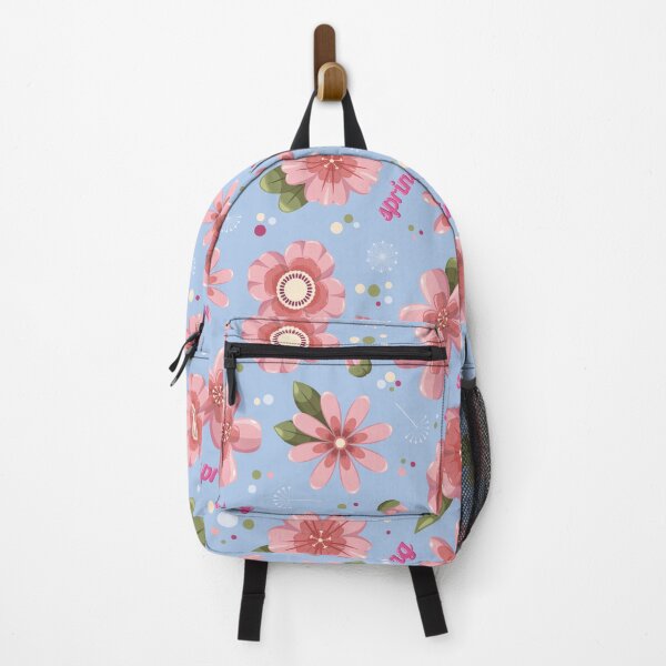 Item preview, Pink flower pattern on blue sky background, botanical floral spring pattern designed and sold by withasmiledsgn.