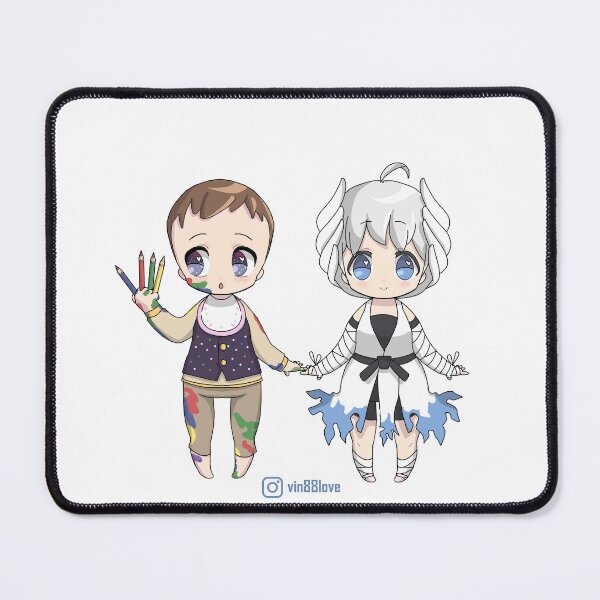 Item preview, chibi boy holding color pencils and cute little girl with blue-white dress designed and sold by VinLoveArtworks.