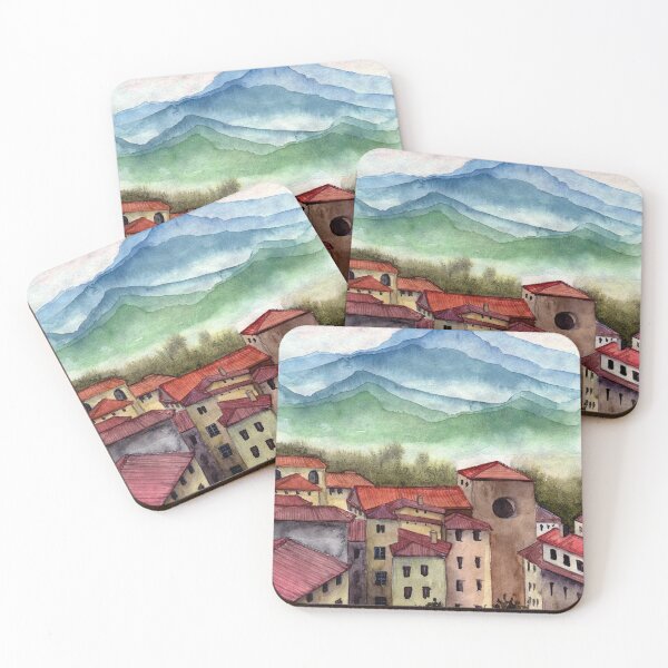 Item preview, Watercolor illustration of a picturesque Tuscan village designed and sold by MaryWatercolor.