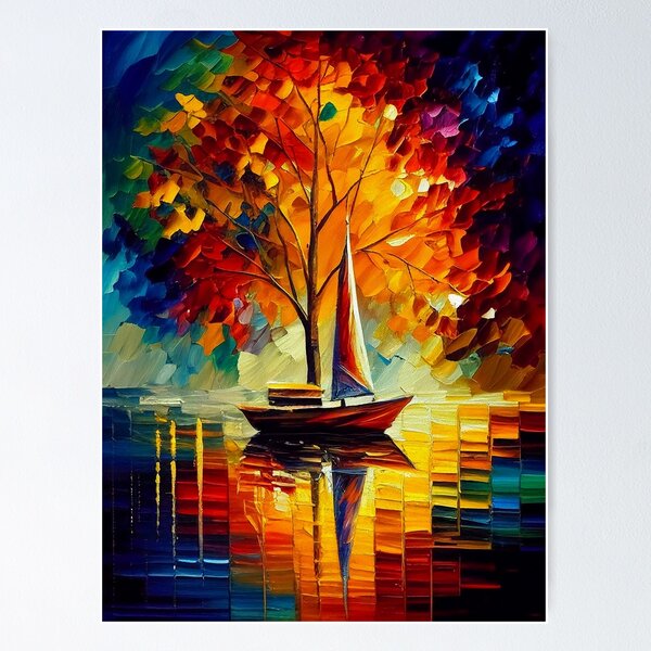 Aperçu de l'œuvre Boat at The Lake Relaxing Vibrant Art | Palette Knife Oil Digital Painting créée et vendue par VividViews.