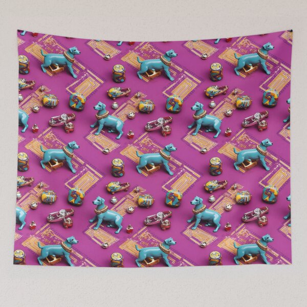 Item preview, Turquoise dogs adorned with bead necklaces, and various colorful toys on a purple background designed and sold by KERaney.