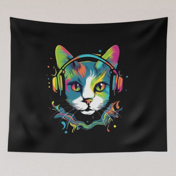 Item preview, Cat wearing headphones colorful illustration designed and sold by Gerald Waters.