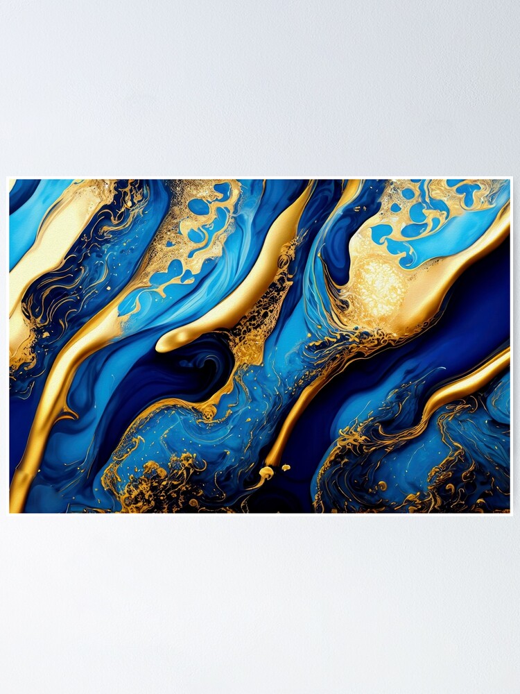 Abstract acrylic fluid pouring paint wall art Blue Gold Poster by ColorBit