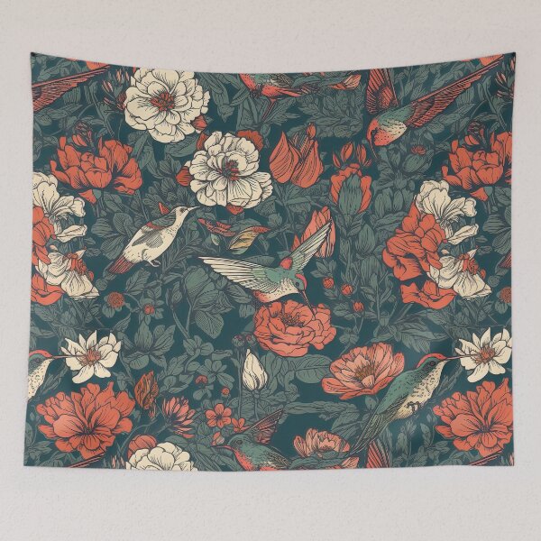 Item preview, boho style flowers and hummingbirds pattern designed and sold by Dreamakerstudio.