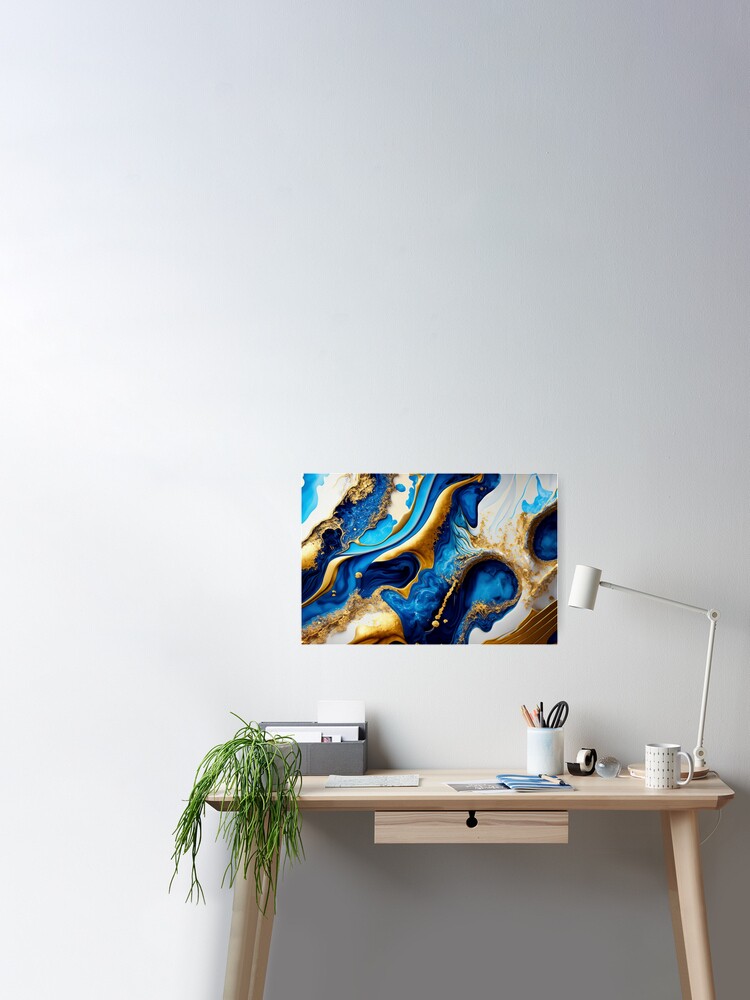 Abstract acrylic fluid pouring paint wall art Blue Gold Poster by ColorBit