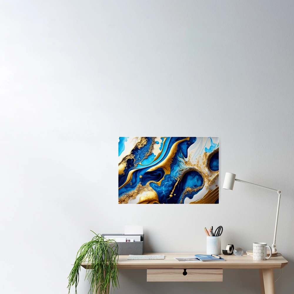 Abstract acrylic fluid pouring paint wall art Blue Gold Poster by ColorBit