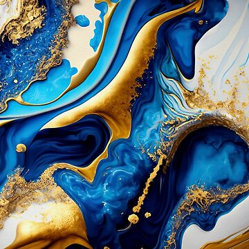 Blue and Gold Feathers Abstract Original Acrylic Pour Painting, 8 x 10,  Fluid Art Painting