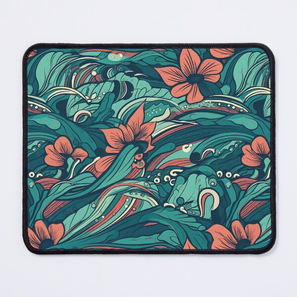 Item preview, Surfer pattern of waves and hibiscus flowers in aqua and red designed and sold by Dreamakerstudio.