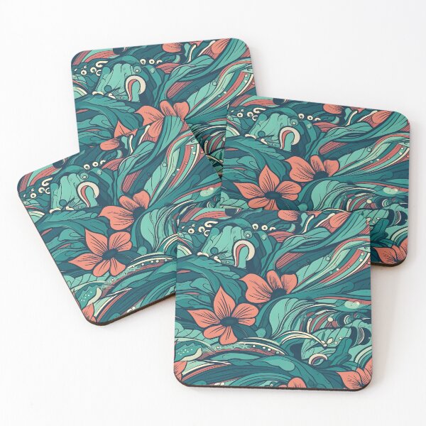 Item preview, Surfer pattern of waves and hibiscus flowers in aqua and red designed and sold by Dreamakerstudio.