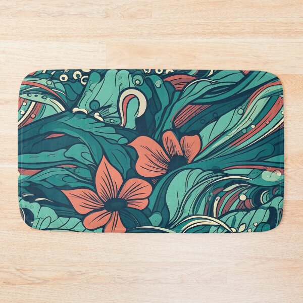 Item preview, Surfer pattern of waves and hibiscus flowers in aqua and red designed and sold by Dreamakerstudio.