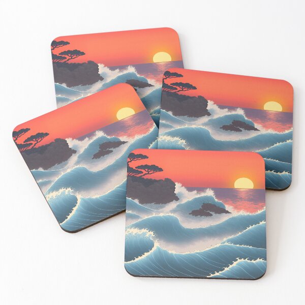 Item preview, Ukiyo-e Japanese Art - Waves Crashing Against a Rocky Coast at Sunset designed and sold by allovervintage.