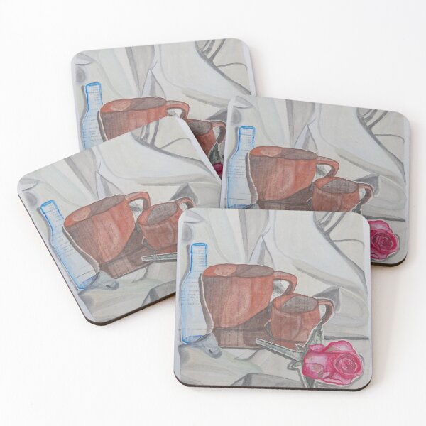Item preview, Clay mugs,  pink rose and glass bottle  designed and sold by Kiruthikaarts.