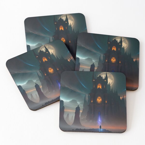 Item preview, castillo con un mundo de fantasía de luna llena y montañas con un hombre parado al frente designed and sold by PosterPalace.