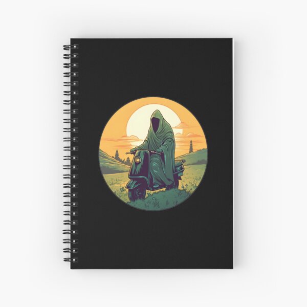 Aperçu de l'œuvre Cavalier noir conduisant un scooter au coucher du soleil - Vintage - Parodie - Fantastique Drôle créée et vendue par Fenay Designs.